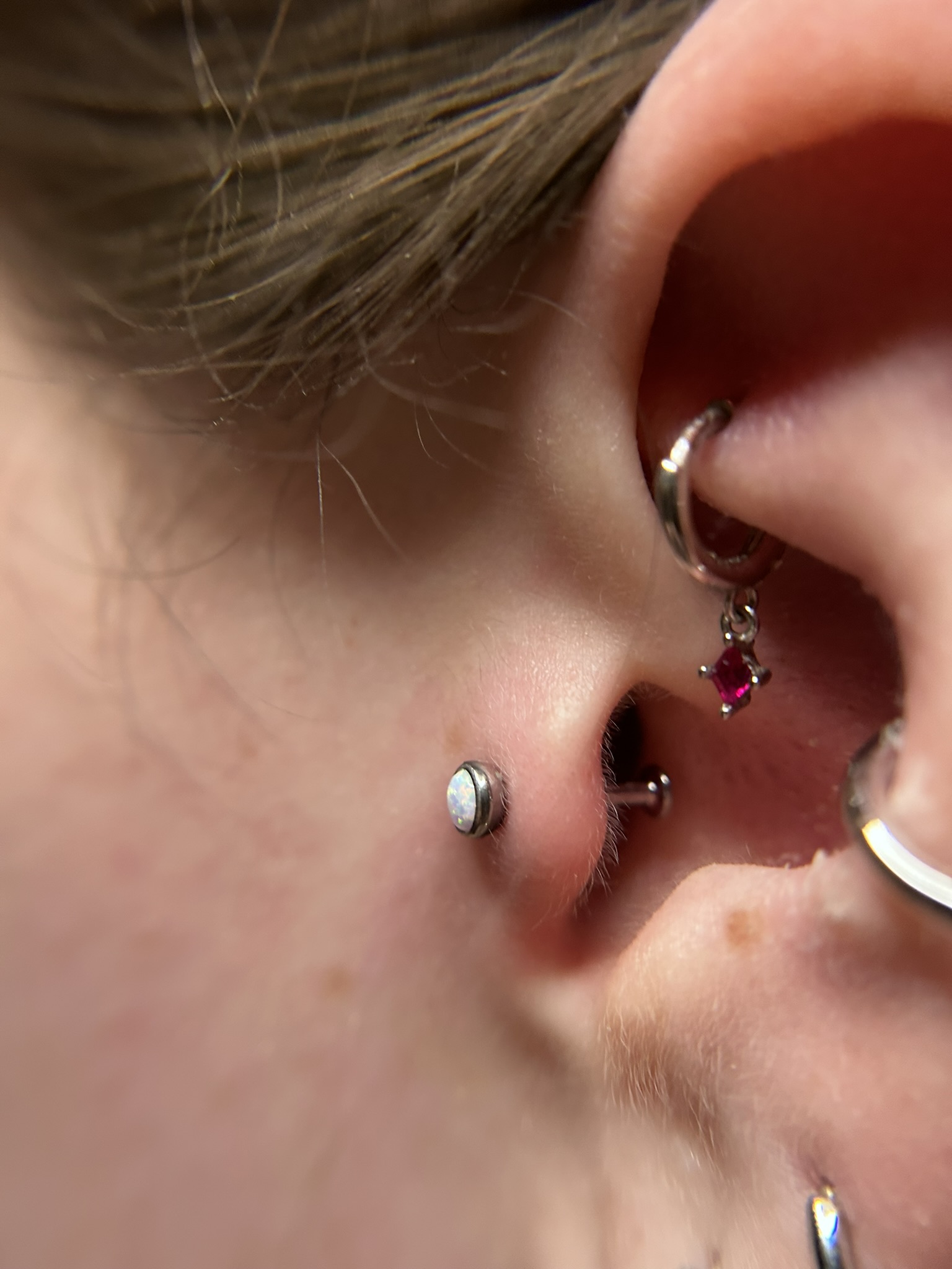 Opal tragus and ruby daith piercings by Fiona Luddy who works at Resilience Body Arts in Maynard, MA